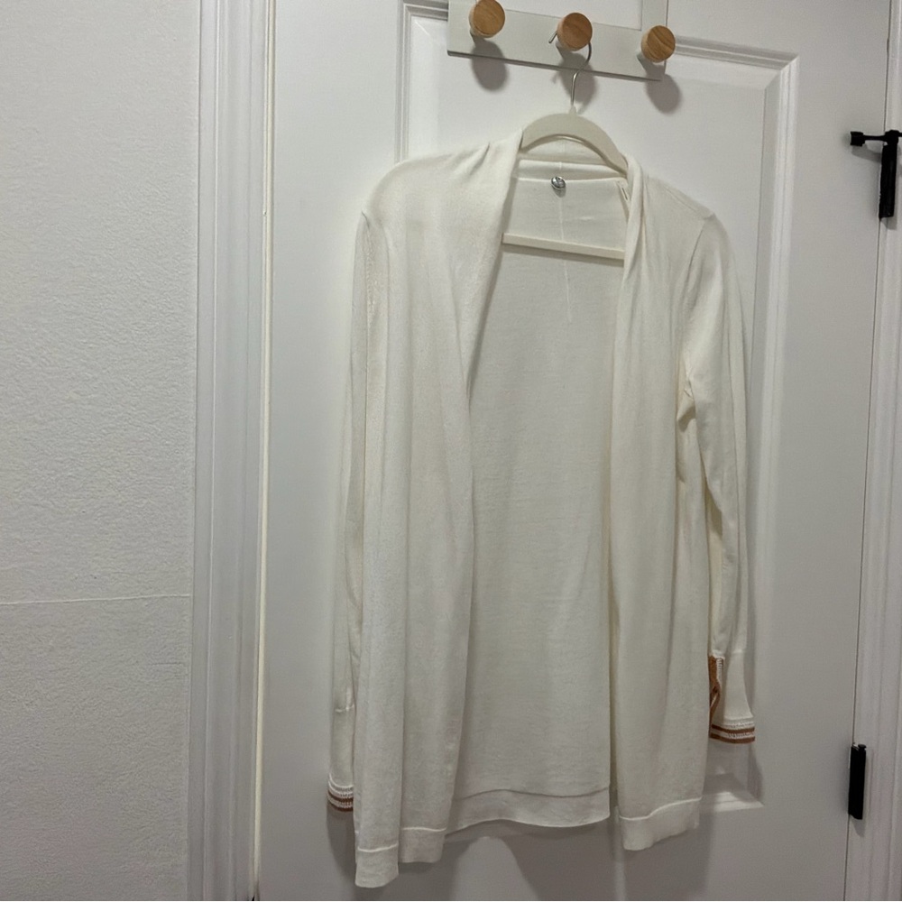 Margaret O'Leary Cream Open-Front Cardigan with Subtle Stripe Cuffs
